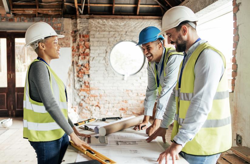 Construction workers building a new house